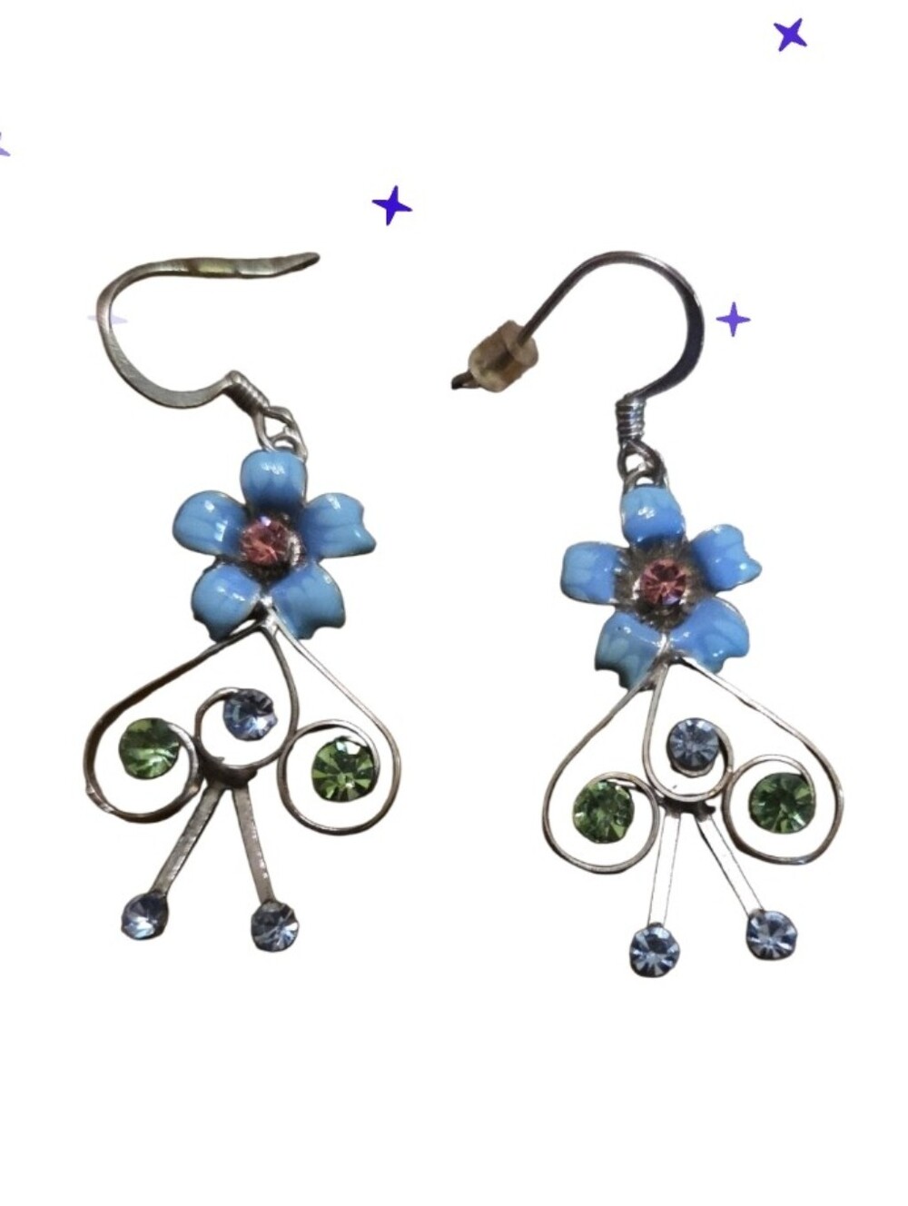 Vtg 1926 Y2k Blue Floral Drop Earrings with Multicolor Crystal Accents